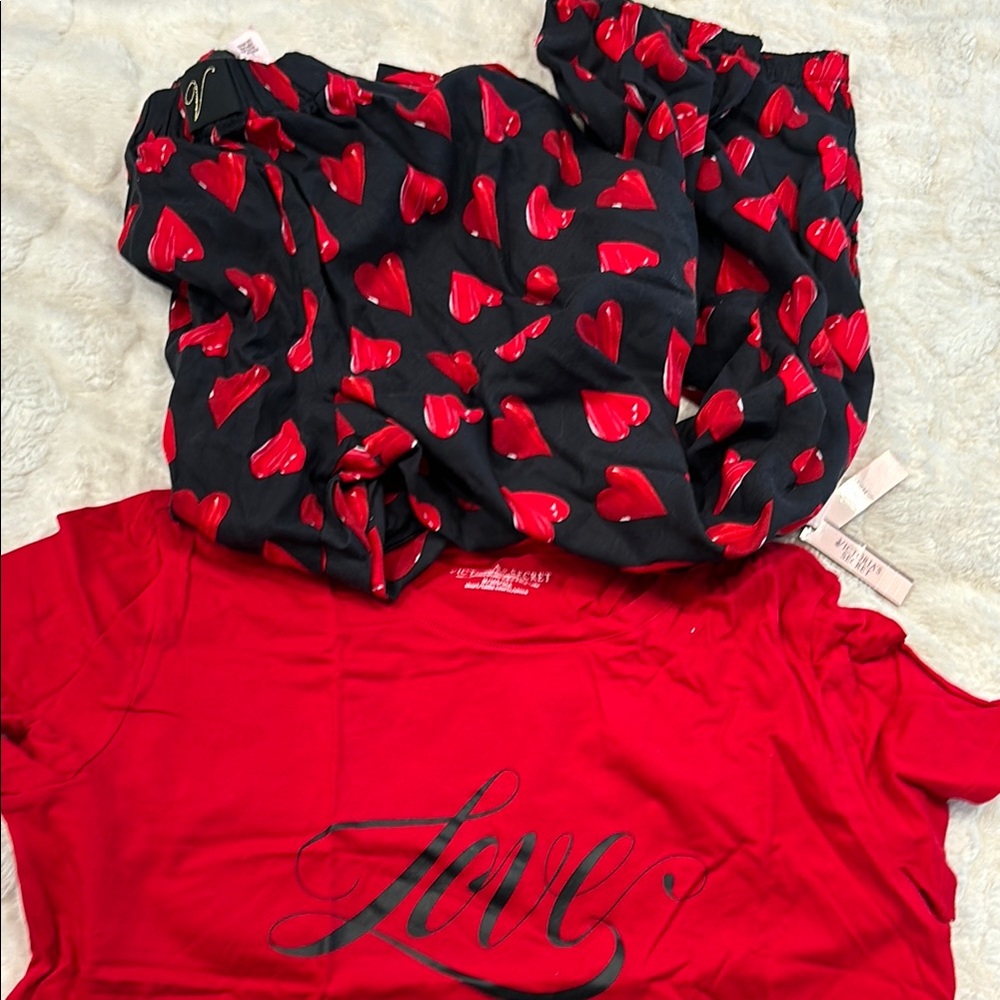 Red Love Graphic Tee and Heart Print Pants Set
